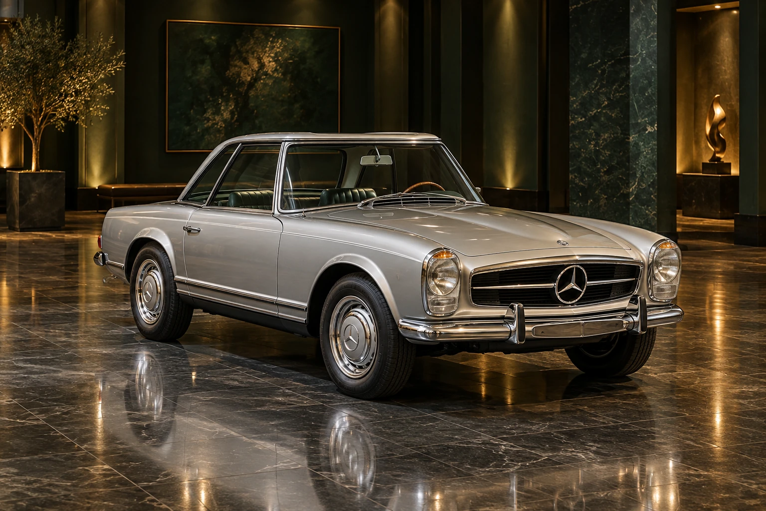 Silver classic Mercedes-Benz in illustrative automotive artwork
