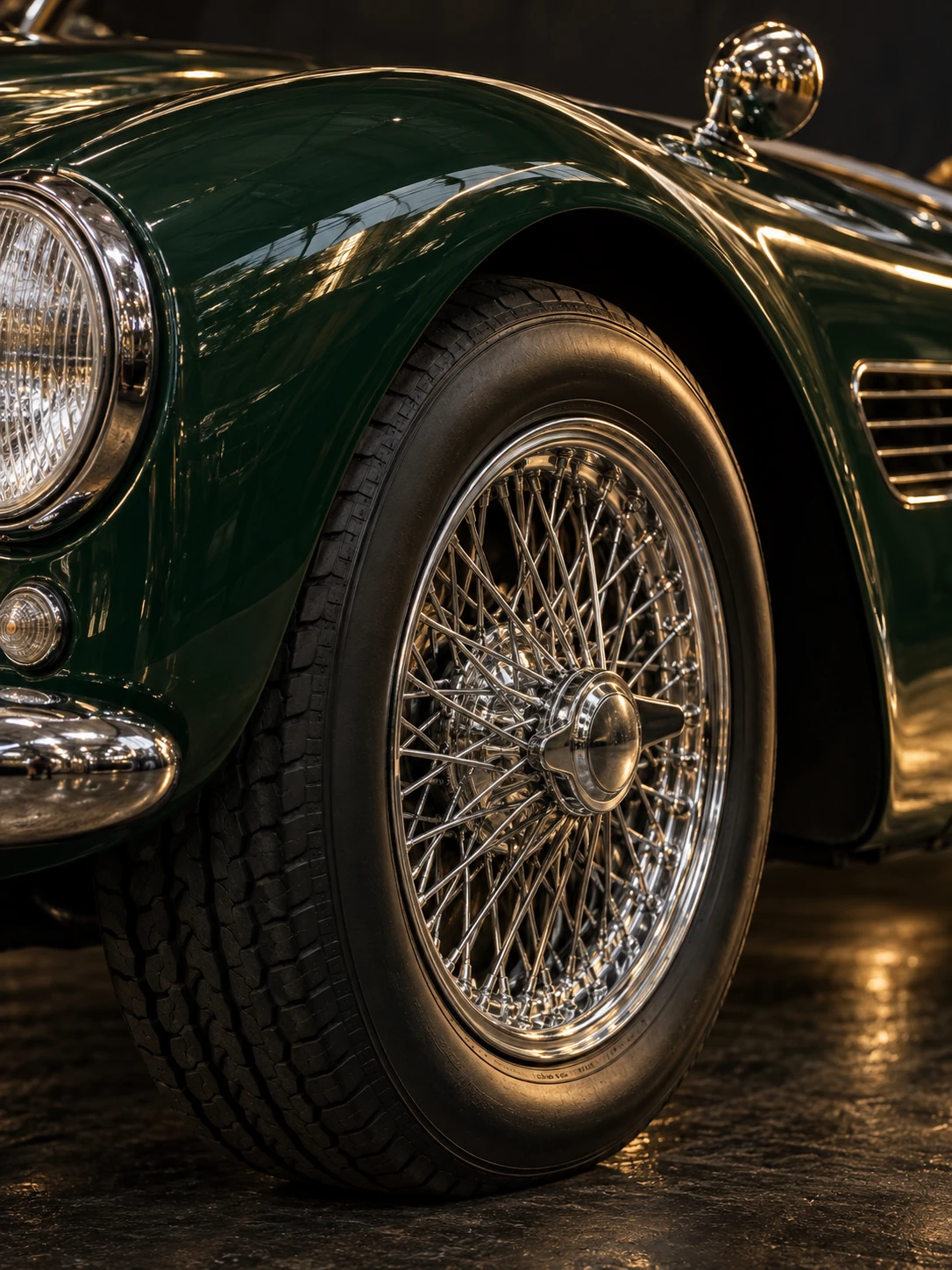 Sculpted classic car bodywork and a polished wire-spoke wheel
