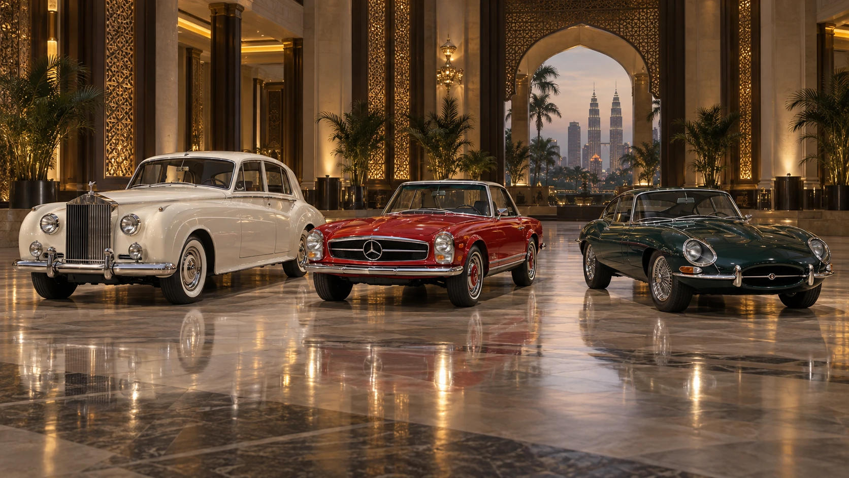 Event artwork depicting a Rolls-Royce Silver Cloud, red Mercedes-Benz 230 SL Pagoda and green Jaguar E-Type in a grand exhibition hall