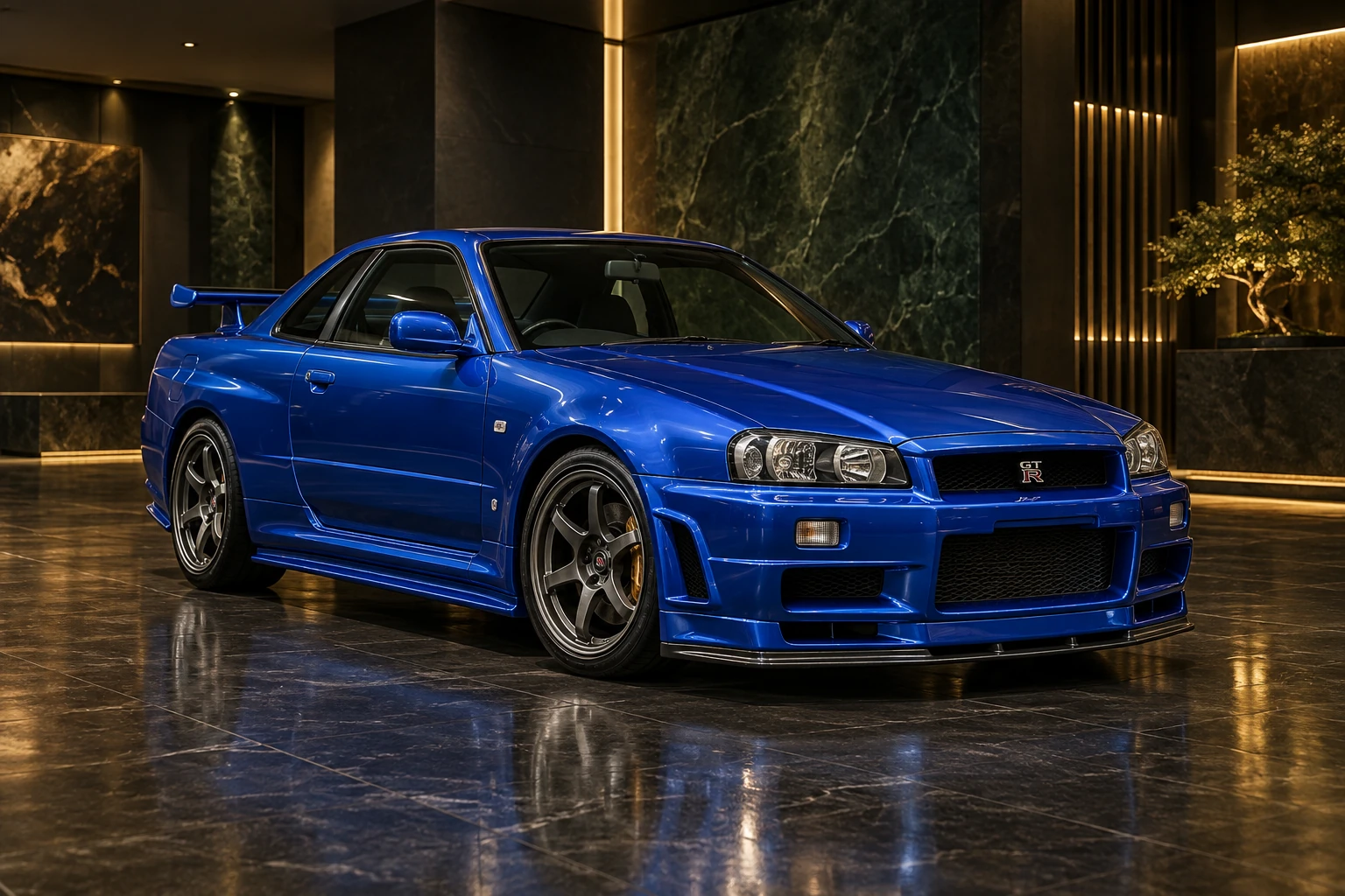 Blue Japanese performance car in illustrative automotive artwork