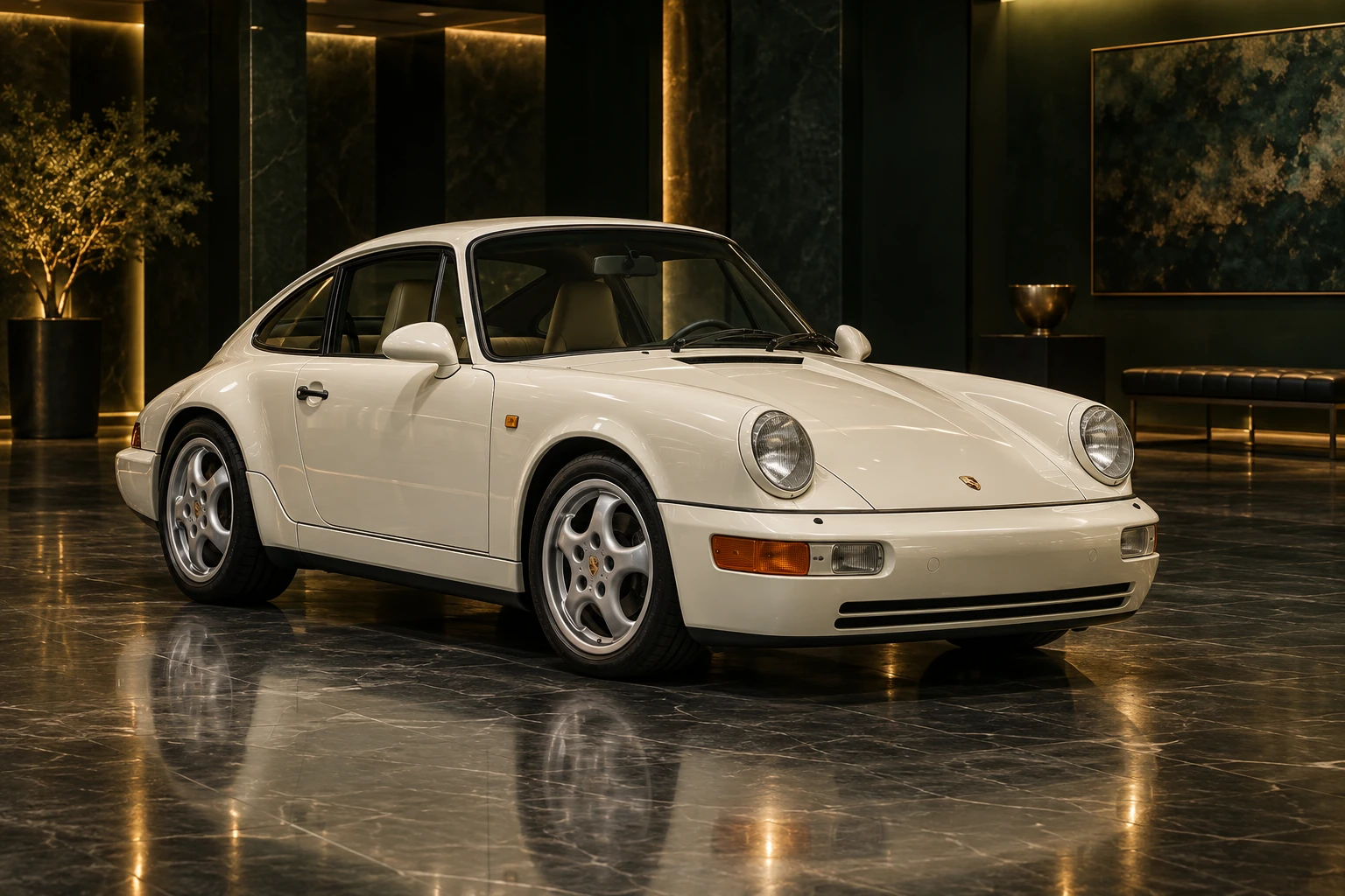 White modern classic Porsche in illustrative automotive artwork