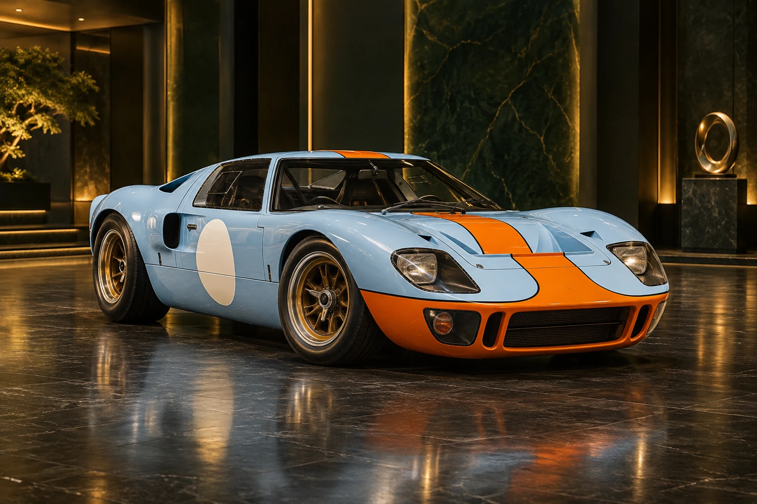 Blue and orange racing car in illustrative automotive artwork
